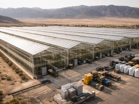 Aerial photograph of an expansive greenhouse facility in a desert valley, showing multiple industrial glasshouse buildings alongside agricultural storage tanks and equipment yards.
