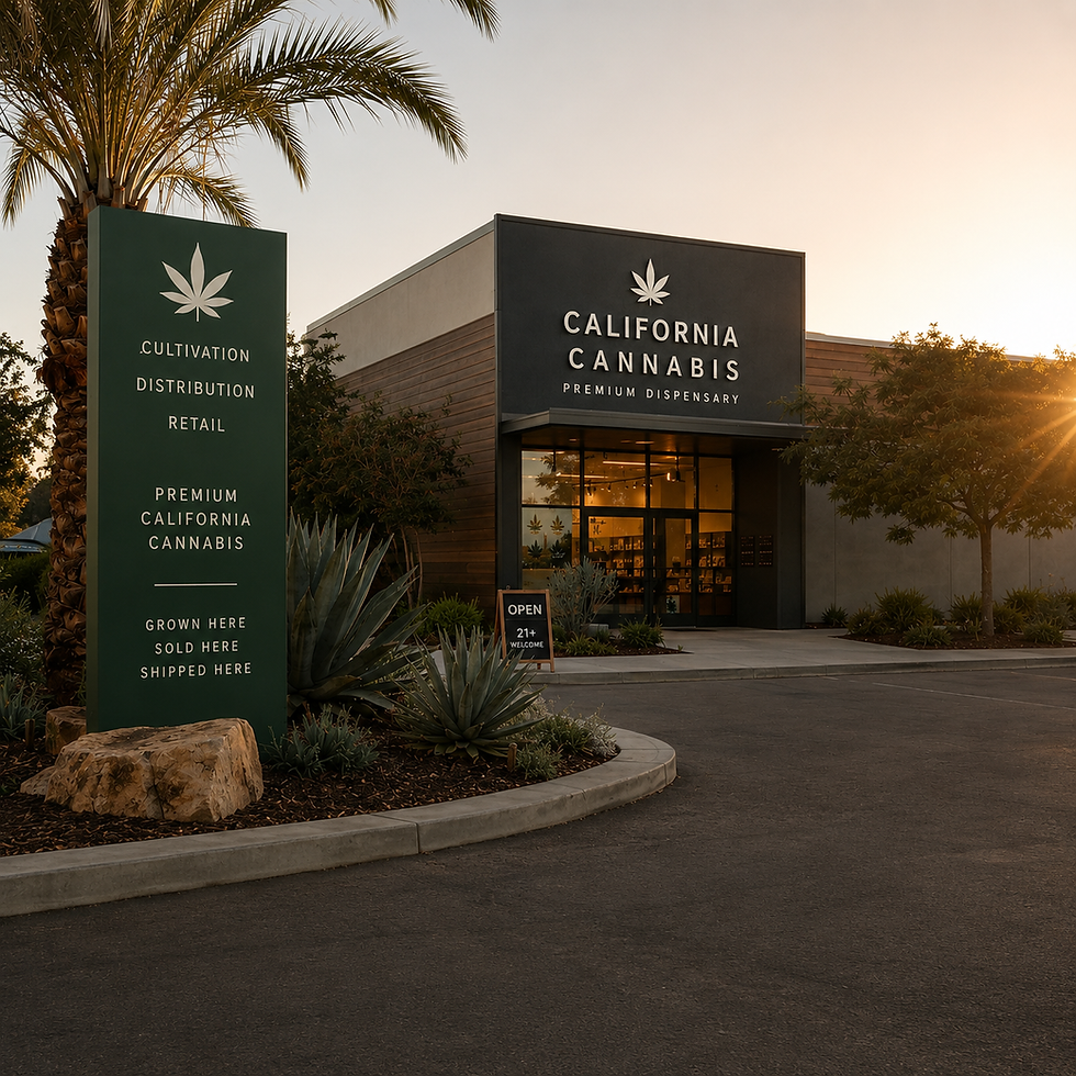 Modern California cannabis dispensary exterior at sunrise, featuring contemporary architecture, landscaped entrance, and a premium retail storefront in warm golden-hour light.