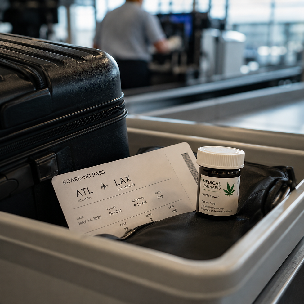 Airport security tray with boarding pass, carry-on luggage, and medical cannabis container.