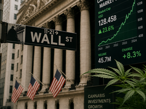 Cannabis capital markets milestone represented by stock exchange and institutional investment imagery
