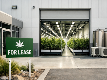 Industrial cannabis warehouse with open bay door showing rows of plants inside, and a green “For Lease” sign in front. Bright natural light, no people.