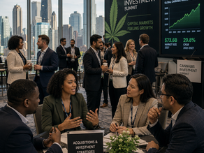 Diverse cannabis industry executives networking and discussing investment opportunities at a modern conference, with market growth presentations and the Chicago skyline in the background.