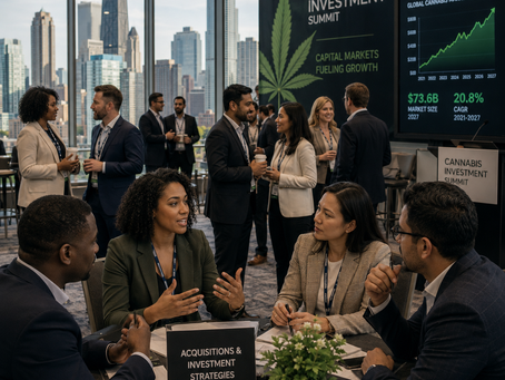 Diverse cannabis industry executives networking and discussing investment opportunities at a modern conference, with market growth presentations and the Chicago skyline in the background.
