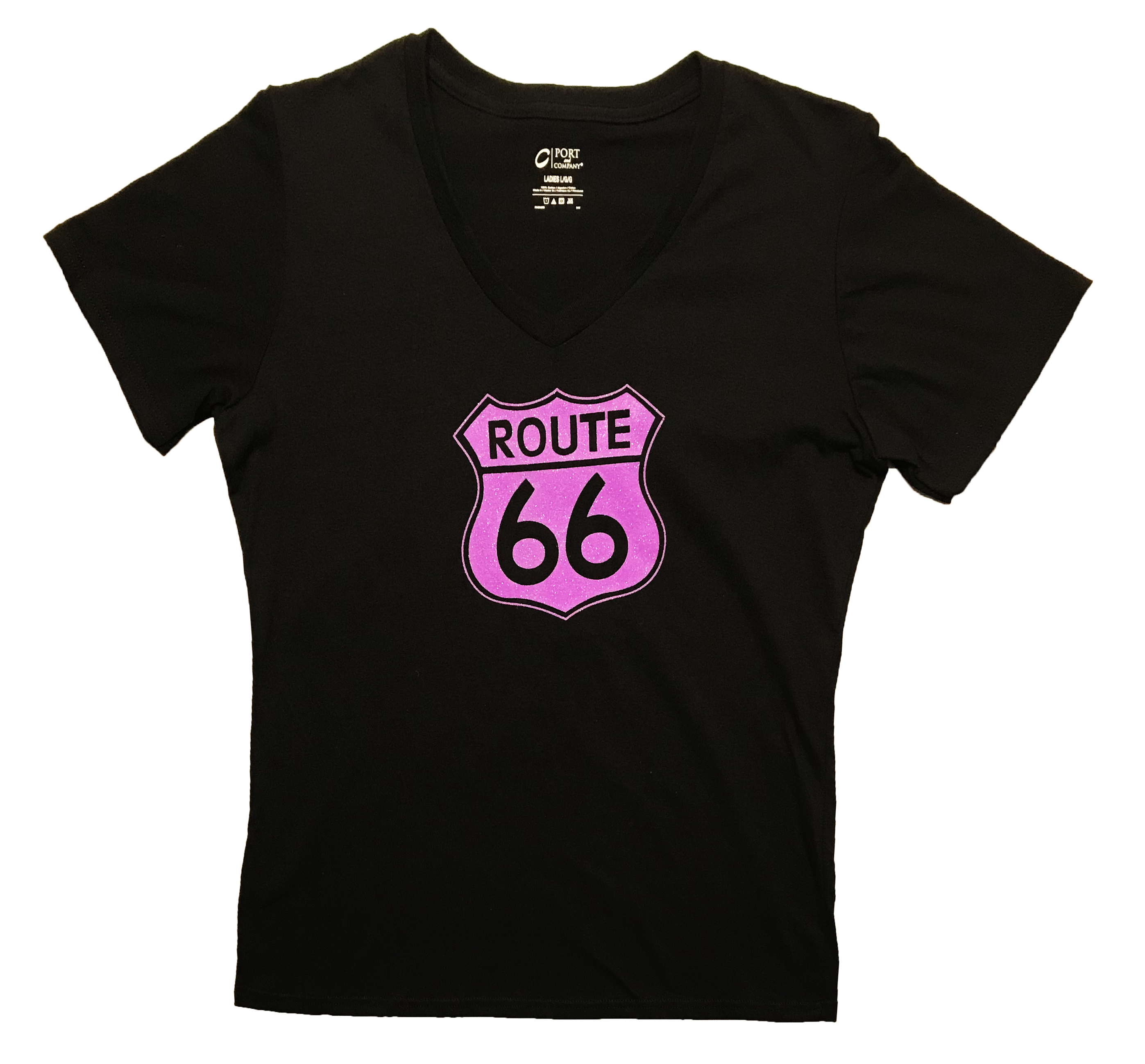 Lady's V-Neck, Pink Route 66 Shield T-Shirt