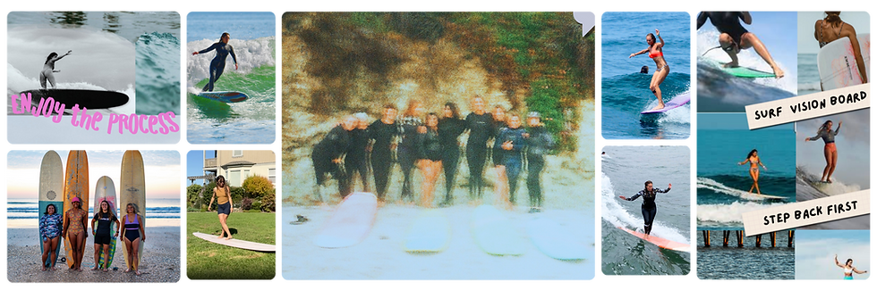 Collage of women surfing, Surf Société community moments, and longboard progression resources.