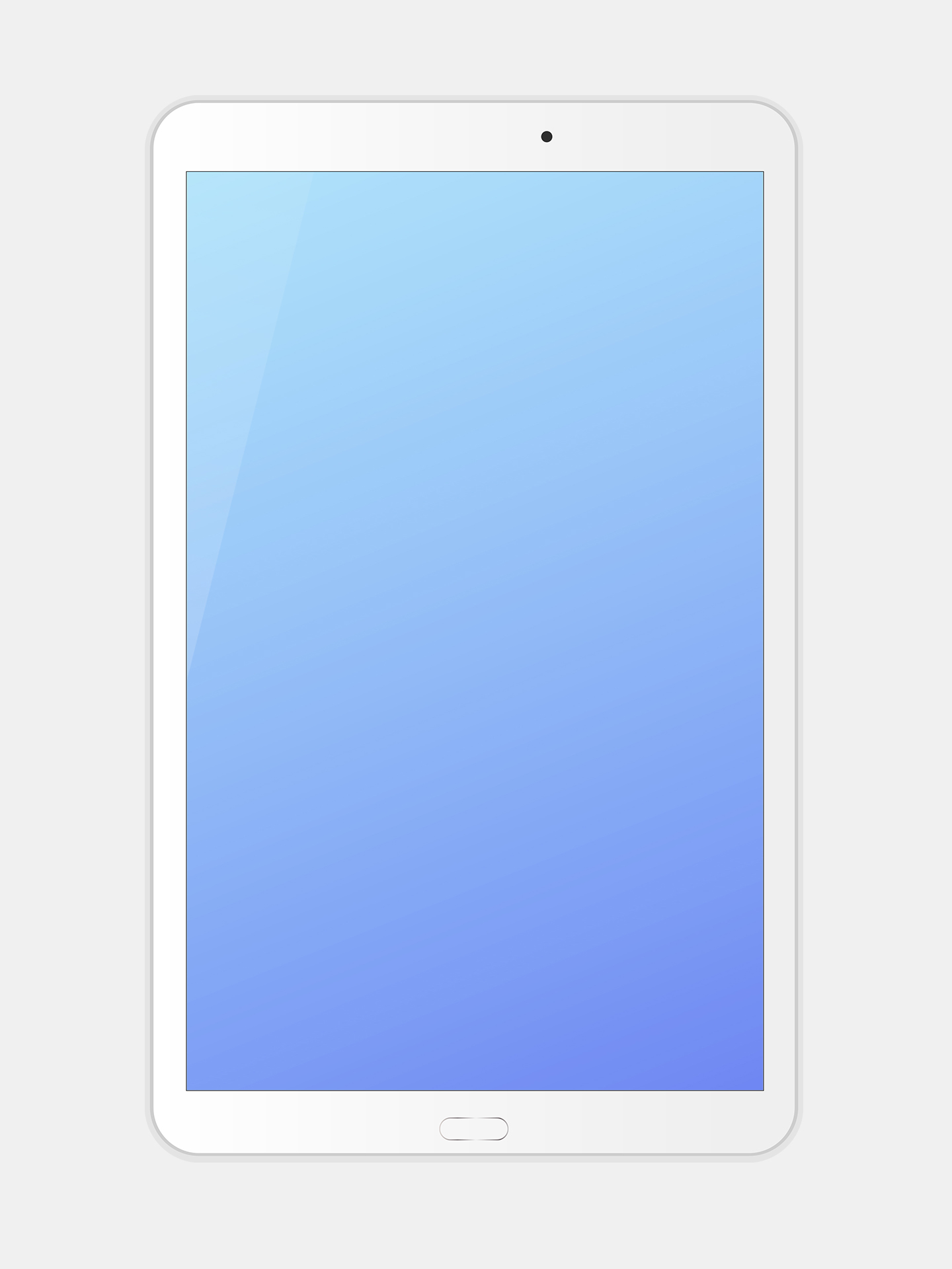 White tablet with a blue gradient screen on a light gray background.