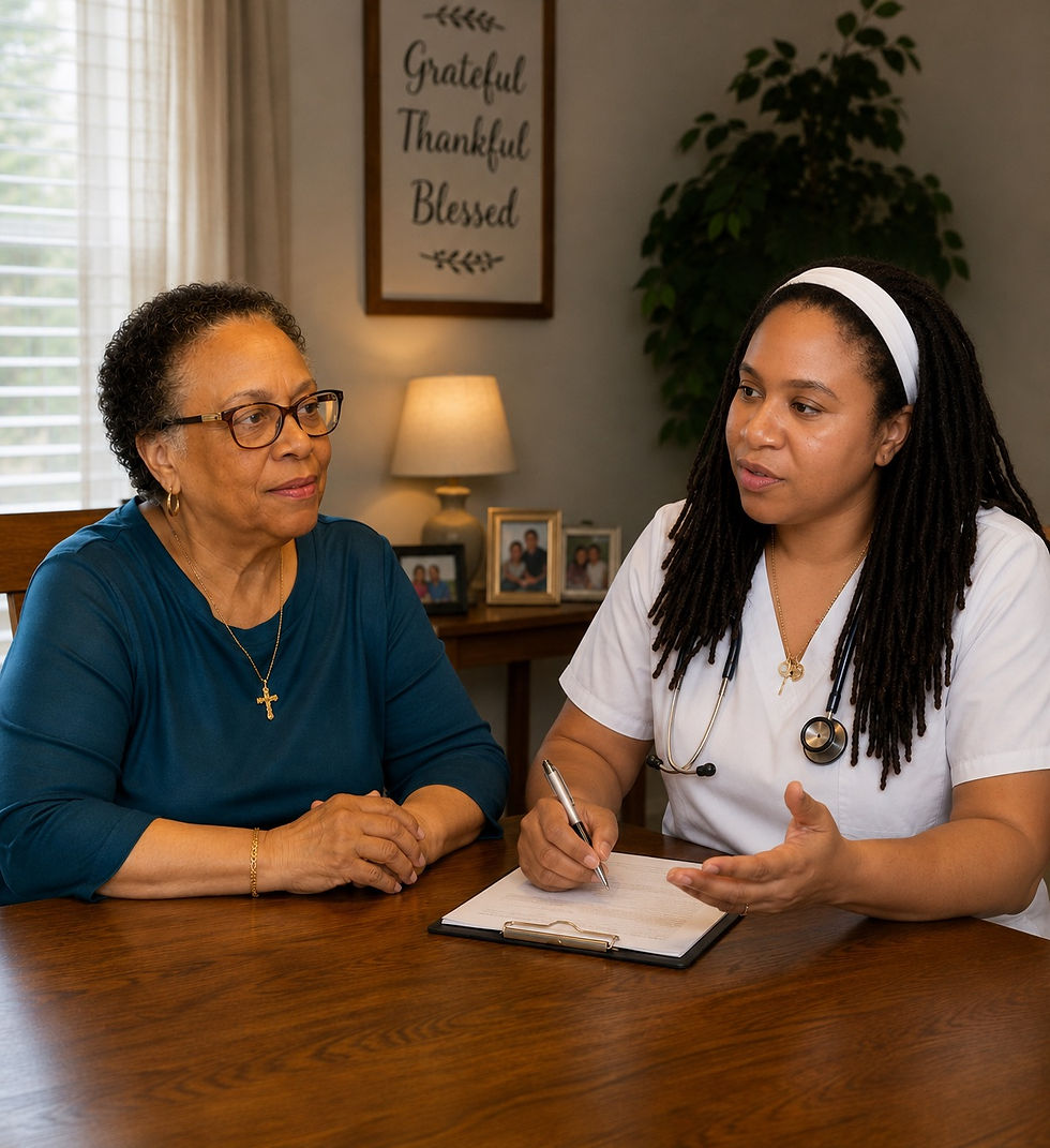 Nurse consulting with a client at a wooden table in a home setting
