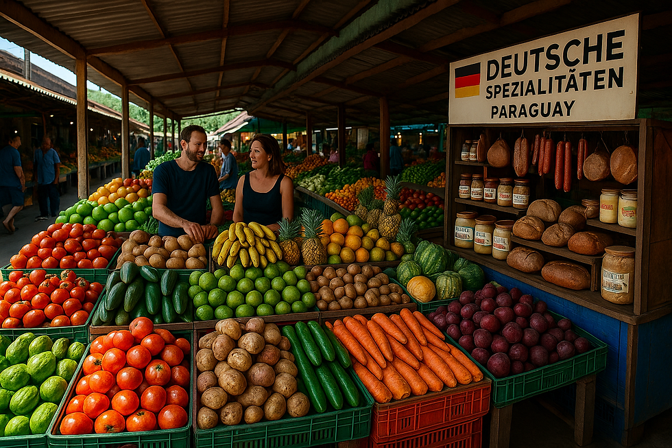 Vielseitiger Markt in Paraguay mit frischem Obst, Gemüse und deutschen Spezialitäten, freundliche Atmosphäre.
