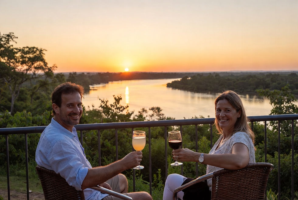 Glückliches deutsches Paar genießt den Sonnenuntergang mit Flussblick in Paraguay – sorgenfreies Auswandern