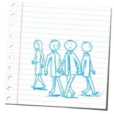 Blue sketch of four people walking across lined notebook paper, like a casual group stroll.