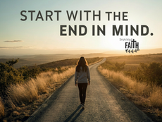 Woman walks down a winding road at sunset with text Start with the end in mind and Simple Words of Faith.