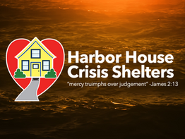 House icon in a red heart over sunset ocean. Text: Harbor House Crisis Shelters, "mercy triumphs over judgement" -James 2:13.