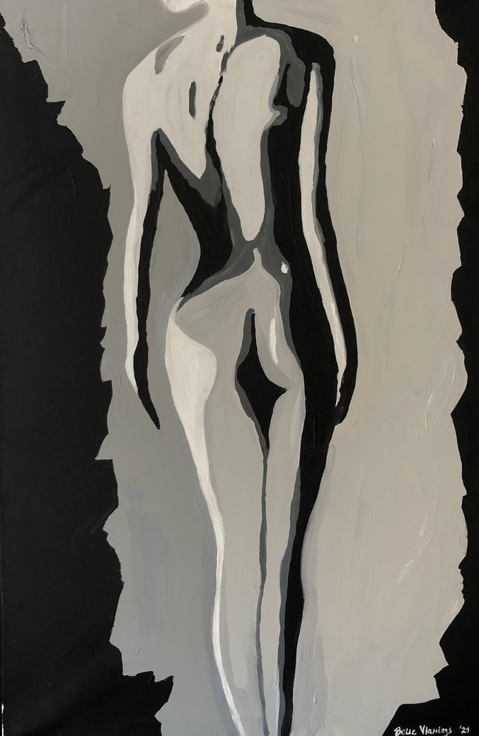 Abstract schilderij van een vrouwelijk naakt van achteren, in zwart-wit en grijstinten met grafische lijnen. Abstract painting of a female nude from behind, in black, white, and grey tones with graphic lines.