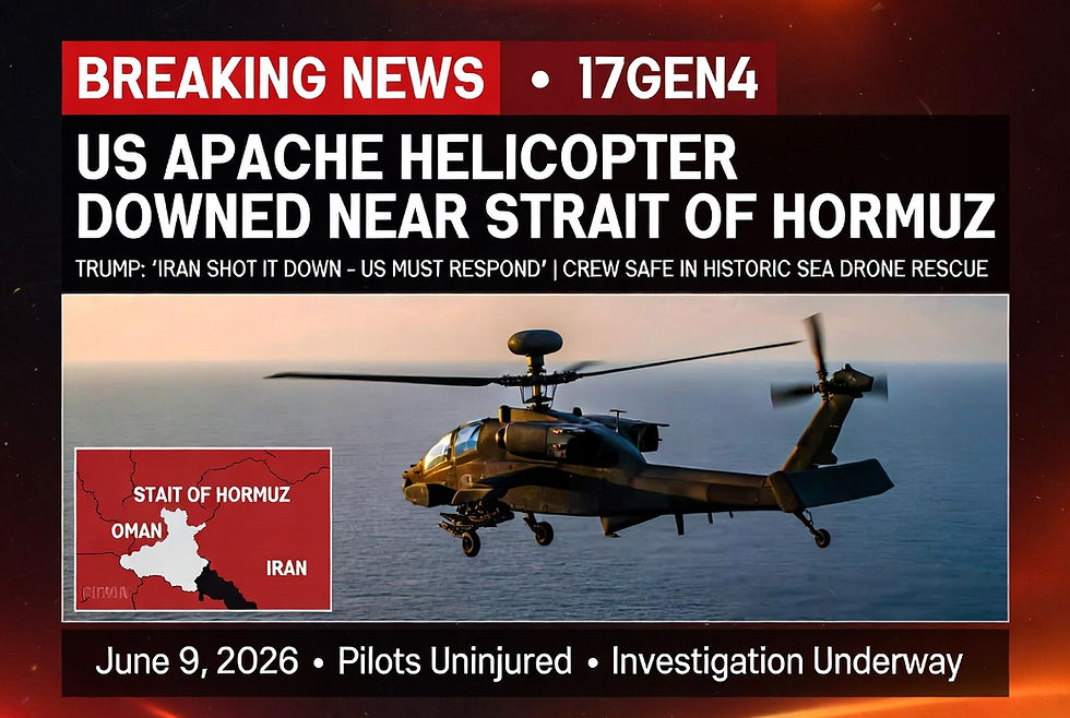 Breaking: Iran Shoots Down US Apache Helicopter Near Strait of Hormuz – Trump Vows Response | Crew Safe in Historic Sea Drone Rescue | 17GEN4 News