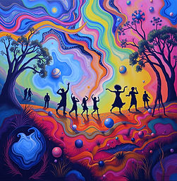 multiple people dancing on a psychedelic