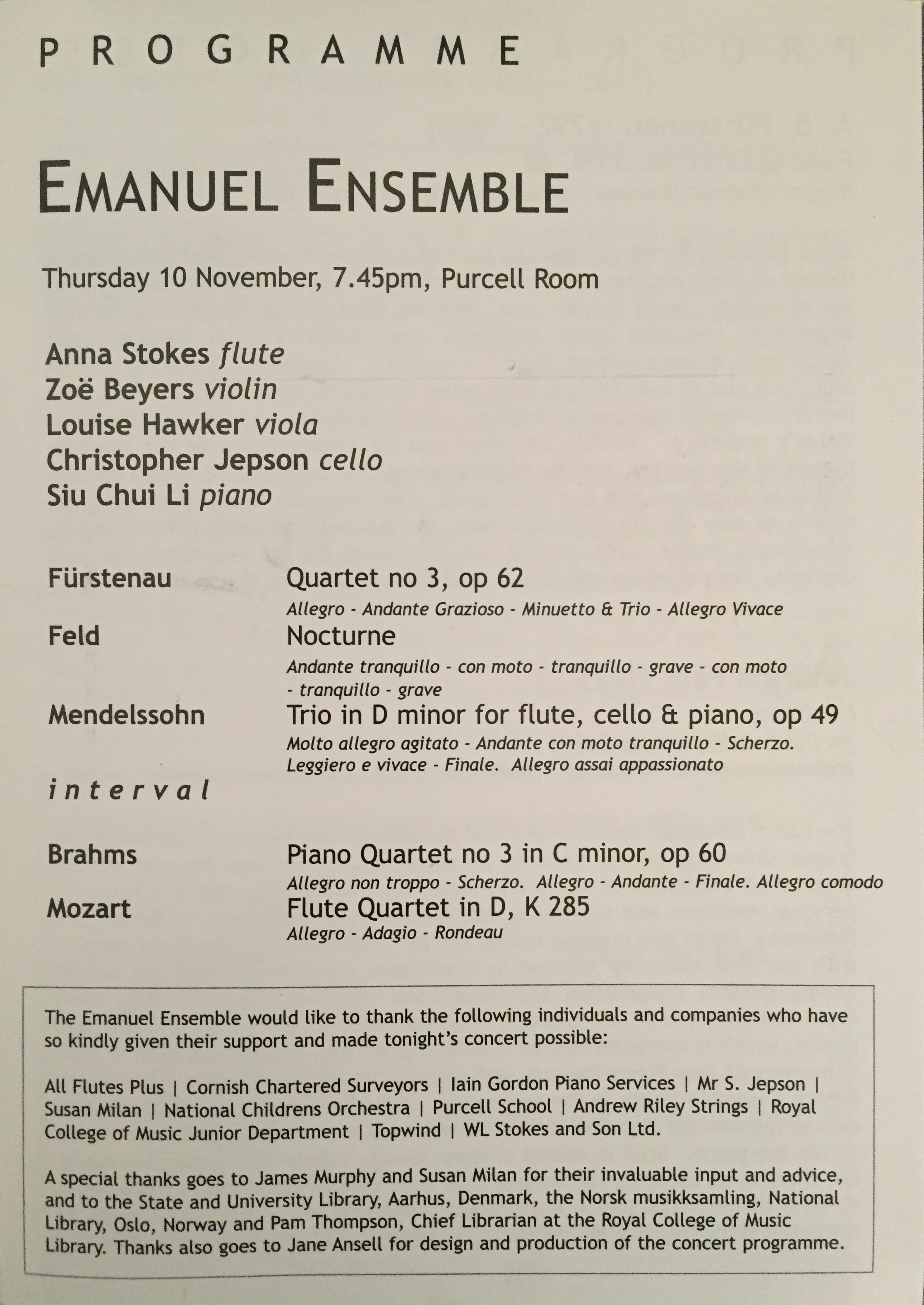 Purcell Room Debut-Anna Stokes Flute-Emanuel Ensemble Inside Programme