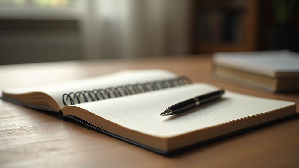 Close-up of a journal and pen on a wooden table, symbolising new beginnings