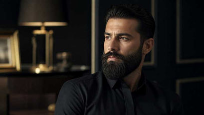 Uomo elegante con barba folta e curata: risultato dopo mesi di crescita seguita dal barbiere SKRILOV