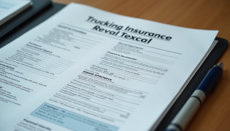 Eye-level view of a neatly organized folder with trucking insurance and permit documents on a wooden table