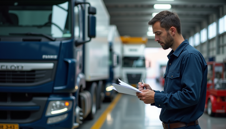 Eye-level view of a mechanic reviewing vehicle repair documents in a fleet garage