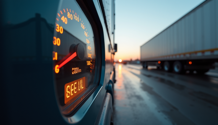 Eye-level view of a semi-truck parked at a loading dock with visible mileage on the odometer