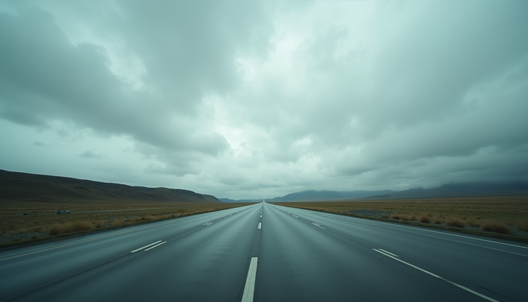 Eye-level view of a long highway stretching into the horizon under a cloudy sky