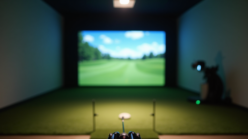 Eye-level view of indoor golf simulator setup with golf clubs and screen