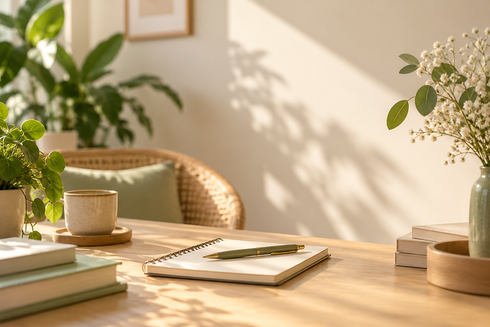 Carnet et stylo posés sur une table dans un espace lumineux et apaisant, évoquant l'écoute, la réflexion et l'accompagnement personnalisé.