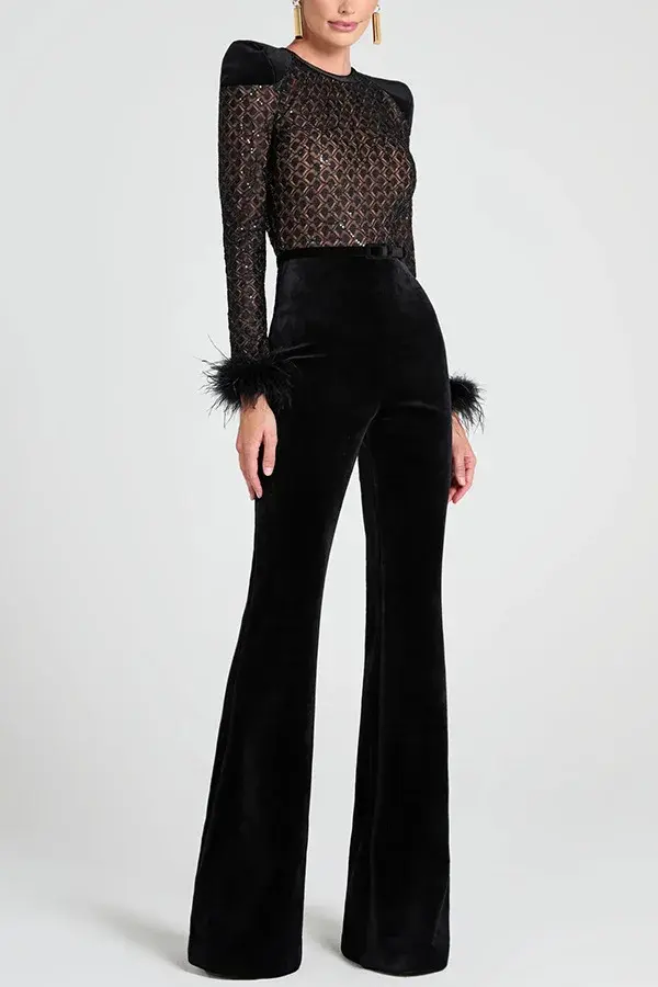 Thumbnail: Miriam Velvet Feather Flare Jumpsuit