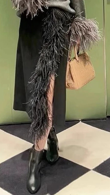 Thumbnail: The Zipporah Ostrich Feather Split Midi Skirt