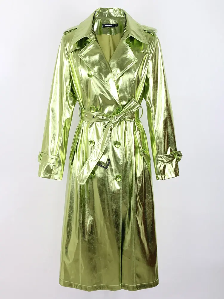 Thumbnail: Nerazzurri Spring Autumn Long Shiny Reflective Patent Leather Trench Coat for