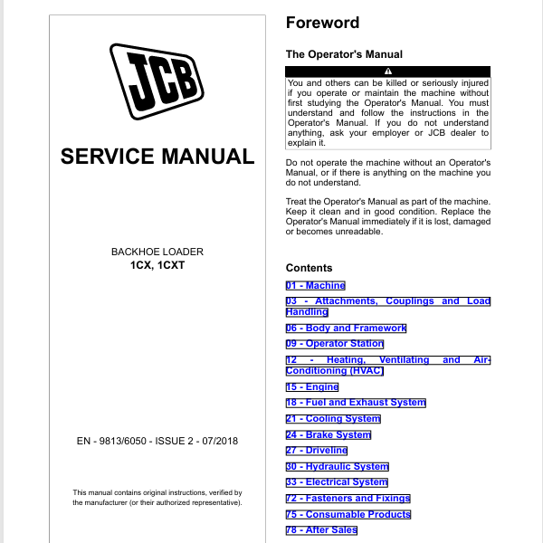 Miniatura: JCB 1CX MANUAL DE SERVIÇOS EM PDF - RETROESCAVADEIRA