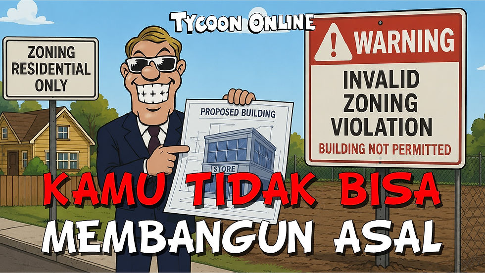 Rex memegang proposed store building plan di samping tanda residential zoning dan invalid zoning warning.