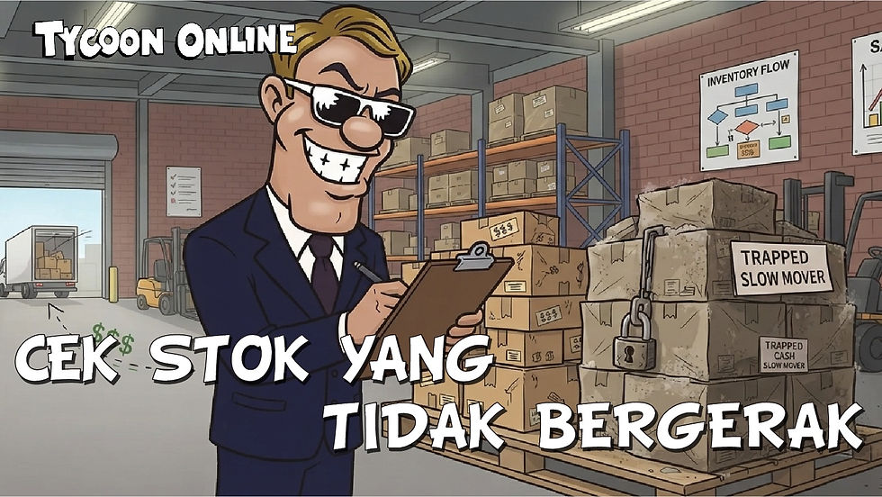 Manajer Tycoon Online memeriksa clipboard di samping tumpukan kotak bertanda trapped atau slow mover, dengan teks āCek stok yang tidak bergerak.ā