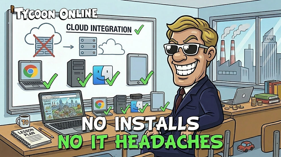 Cartoon teacher mascot beside classroom laptops, desktop computer, tablet, and browser icons with green checkmarks for no-install access.