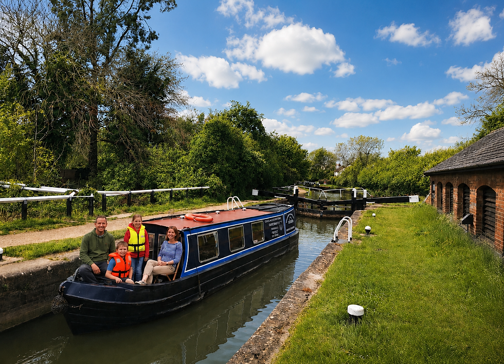 Family of four aboard a blue-and-black narrowboat, with both children wearing life jackets.