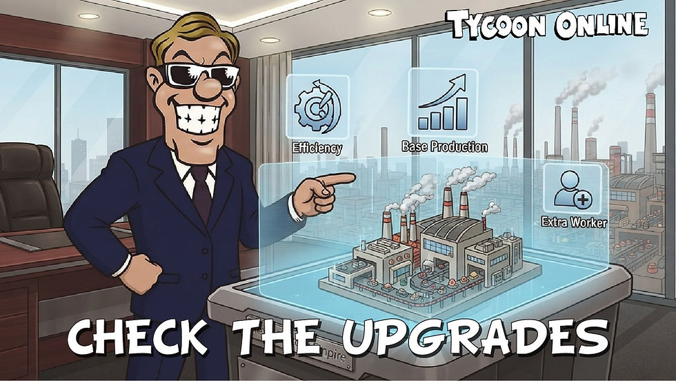 Rex points to a hologram of a factory upgrade screen showing efficiency, base production, and extra worker options.