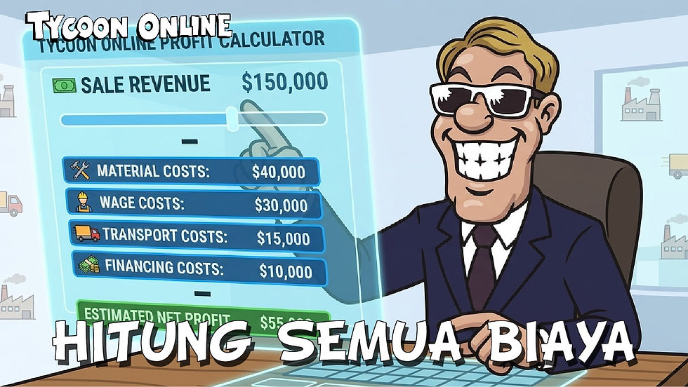 Manajer Tycoon Online di samping profit calculator yang mengurangi biaya material, upah, transportasi, dan financing dari sale revenue.