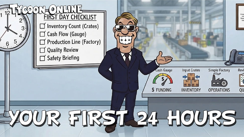 Tycoon Online businessman standing beside a first-day checklist, wall clock, cash gauge, inventory crates, and factory operations, with the text āYour First 24 Hours.ā