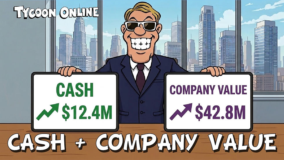Rex holds two signs showing cash and company value in Tycoon Online, with both numbers increasing.