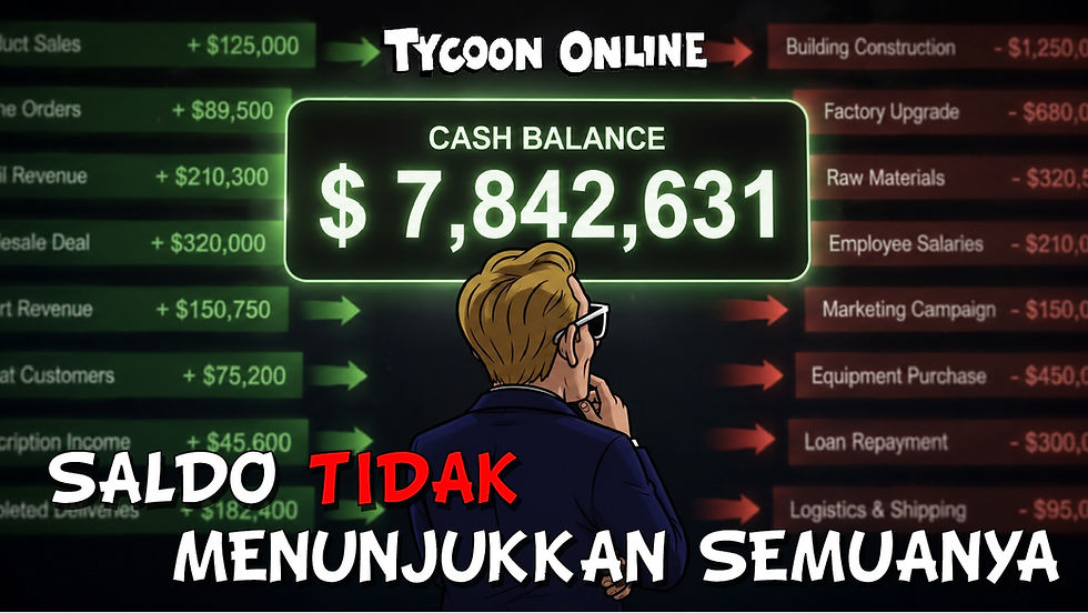 Rex menatap layar cash balance yang besar di Tycoon Online, yang dikelilingi oleh daftar pendapatan dan pengeluaran.