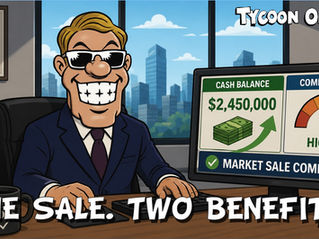 Rex checking the Tycoon Online market sales bonus while a market sale adds cash and company value.
