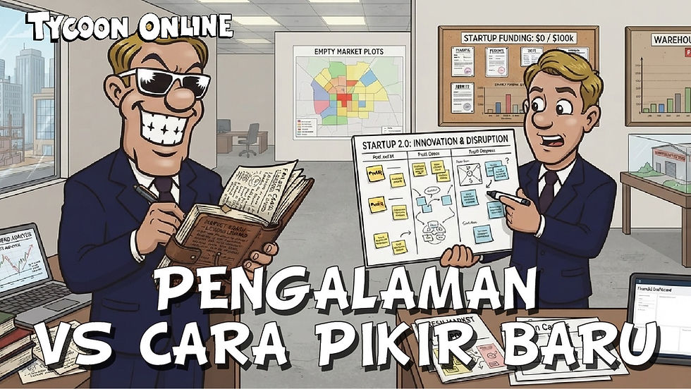 Veteran membaca catatan strategi, sementara rookie mempresentasikan rencana bisnis baru di kantor.
