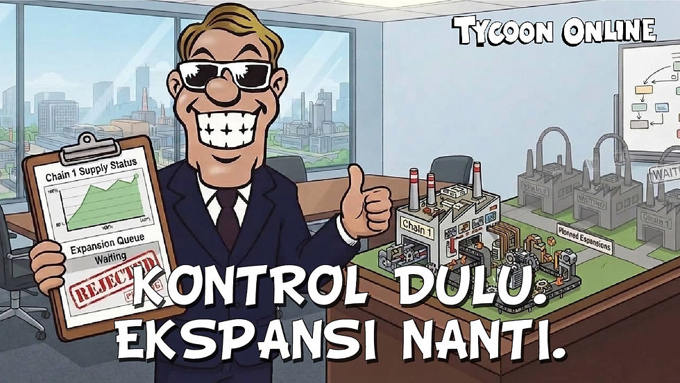 Karakter pengusaha Tycoon Online memegang laporan status supply di samping model factory dan rencana ekspansi yang masih tertunda, dengan teks āKontrol Dulu. Ekspansi Nanti.ā