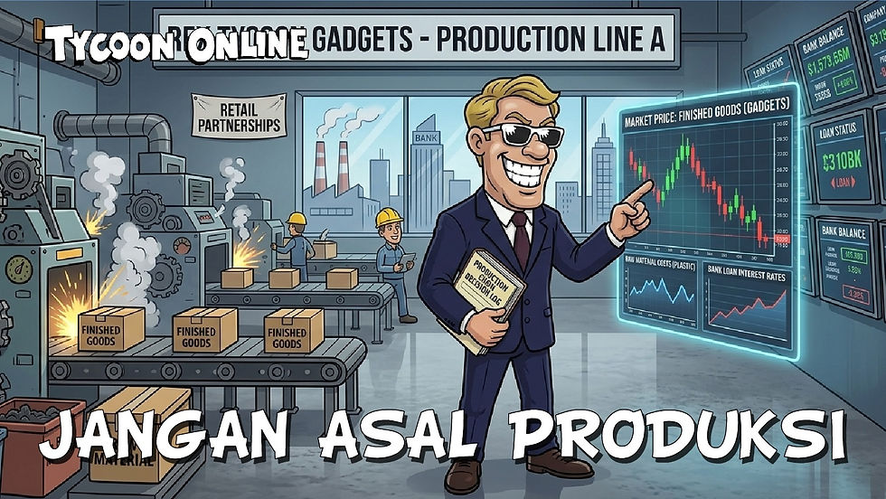 Bos Tycoon Online melihat production line dan grafik market, menunjukkan kenapa player tidak boleh asal produksi.