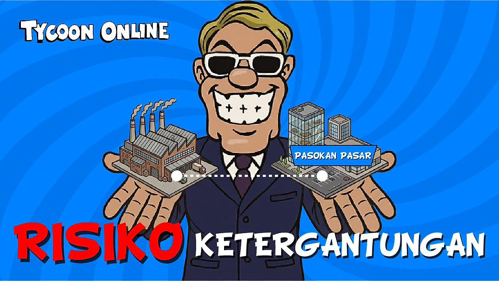 Karakter memegang miniatur pabrik dan bangunan market, menggambarkan risiko ketergantungan supply di Tycoon Online.