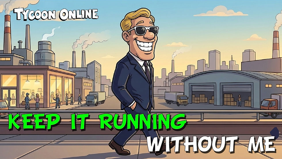 Rex is leaving his Tycoon Online business running with factories, shops, trucks, and warehouse buildings behind him.