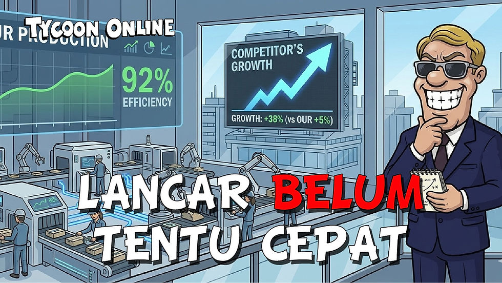 Rex berdiri di ruang kontrol factory dengan chart efficiency 92 persen dan layar competitor growth yang menunjukkan progress lebih cepat.