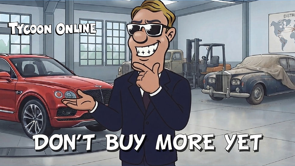 REX stands in a Tycoon Online vehicle garage considering whether to buy more vehicles, with the headline “Don’t Buy More Yet.”