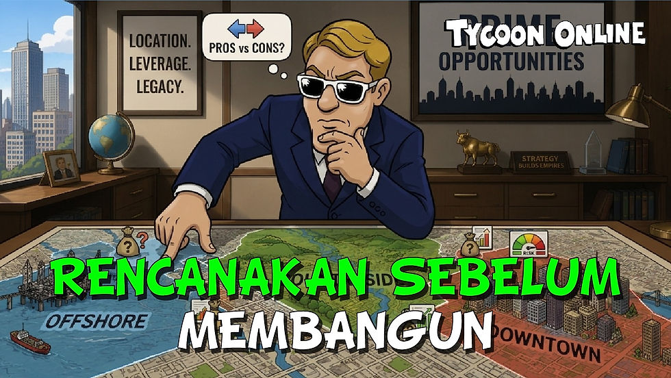 Rex mempelajari Map Tycoon Online dengan area Offshore, Countryside, dan Downtown sambil merencanakan lokasi untuk membangun.